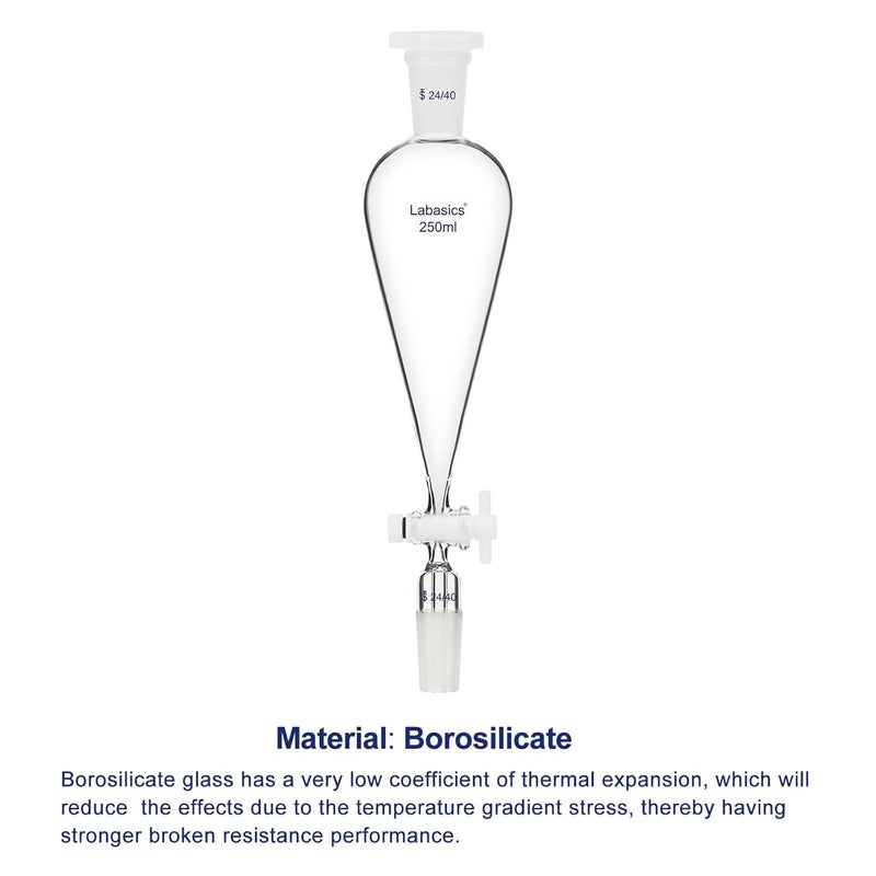 Labasics 250 ml Conical Pear-Shaped Separatory Funnel with PTFE Stopcock, Heavy Wall Borosilicate Glass with 24/40 Joints - Image 3